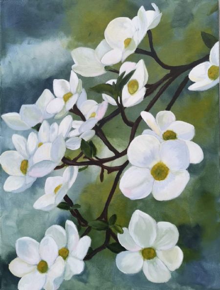 Akryl maleri Hvid kornel af Marie Louise Bendix malet i 2020