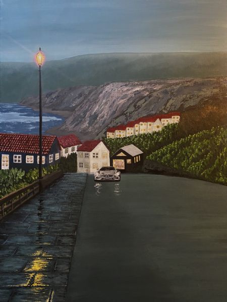 Akryl maleri Vinterbyen ved klippekysten af Steen Hedegård malet i 2020