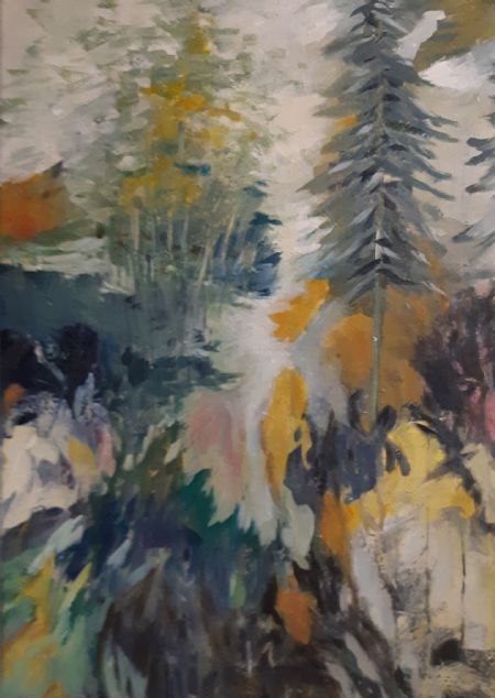 Akryl maleri En tur i skoven af Ruth Christiansen malet i 2020