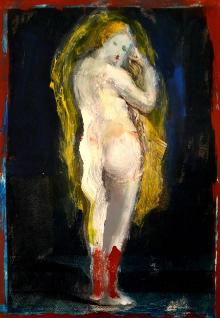Blandede medier maleri Girl with red legs af Jette Lili Hollesen malet i 2020
