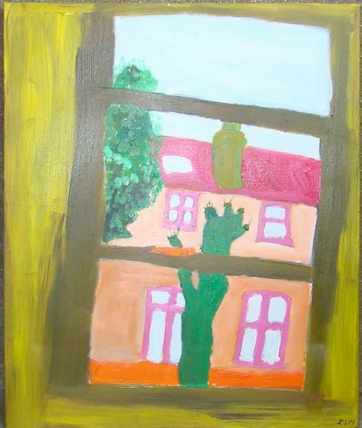 Akryl maleri Huset set fra vinduet af Atelier Zeus malet i 2006