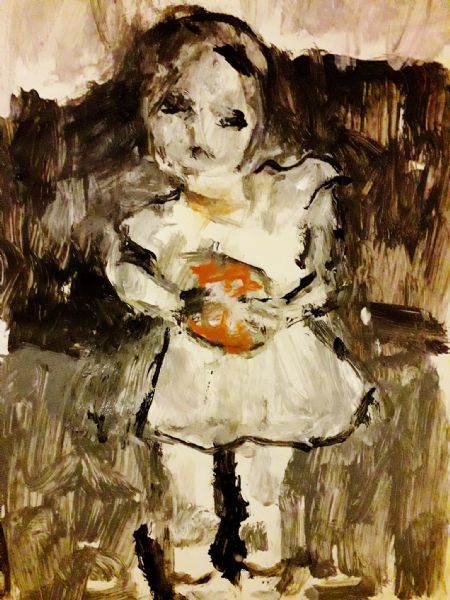 Akryl maleri Girl with toy af Jette Lili Hollesen malet i 2020