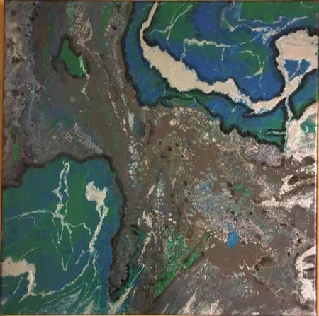 Akryl maleri Bjerg og sø af FunArt v. Grethe Aastradsen malet i 2020