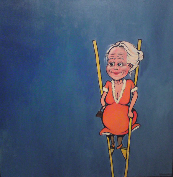 Akryl maleri Dame på stylter af Johnny Juhl malet i 2008