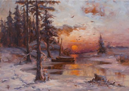 Olie maleri Vinter Sunset Olie Maleri af Roman Dolgopolov malet i 2020