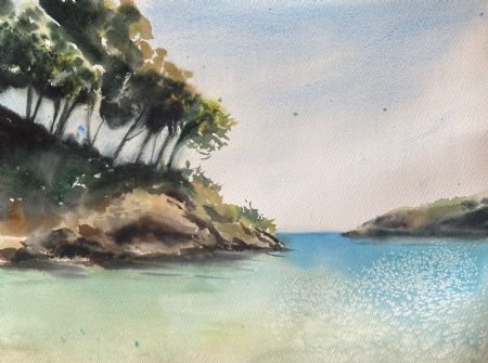 Akvarel maleri Øen af Eugenia Melamud malet i 2021
