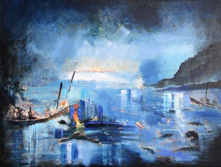 Olie maleri Kaos i blåt af Høgni Thomsen malet i 2021