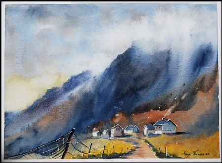 Akvarel maleri Færøerne Landskap af Høgni Thomsen malet i 2020