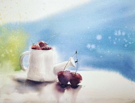 Akvarel maleri [KAN FØRST FÅS FRA 28.02] Kirsebær af Eugenia Melamud malet i 2020
