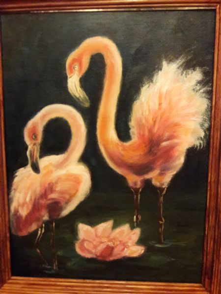 Olie maleri Flamingoer af Marina Androsova malet i 2019