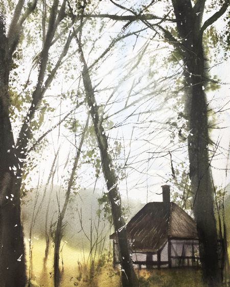Akvarel maleri Et lille hus i skoven af Eugenia Melamud malet i 2021