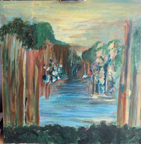 Akryl maleri Vand og skov af Sanne Horn malet i 2021