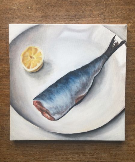 Olie maleri Makrel og citron af Mathilde Holm malet i 2021