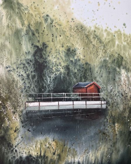 Akvarel maleri Huset i skoven af Eugenia Melamud malet i 2021
