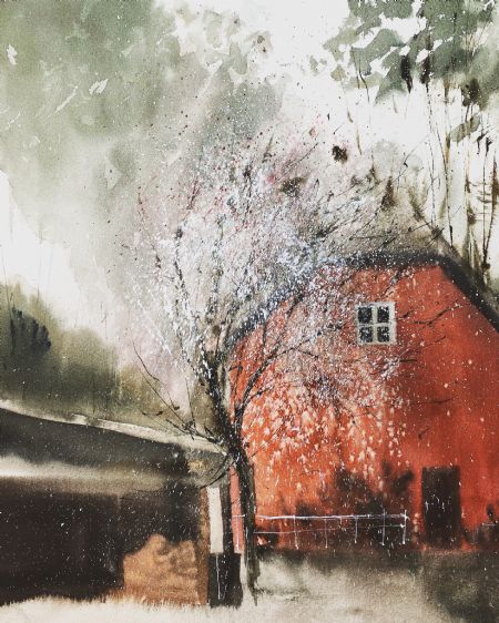 Akvarel maleri Det røde hus af Eugenia Melamud malet i 2021