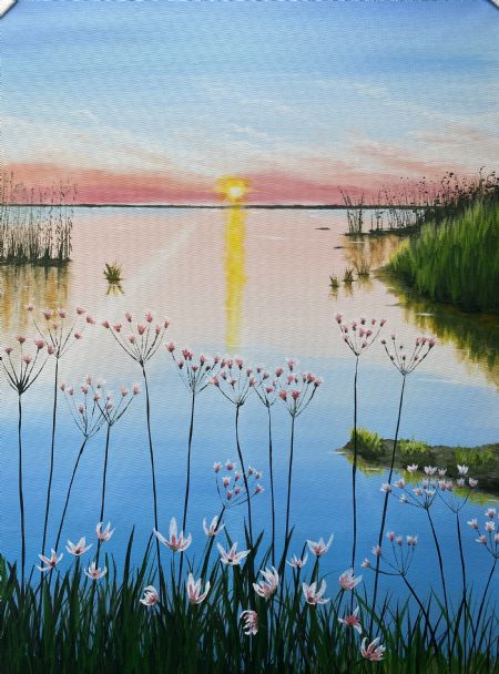 Akryl maleri Kurveblomster i solnedgang af Steen Hedegård malet i 2020