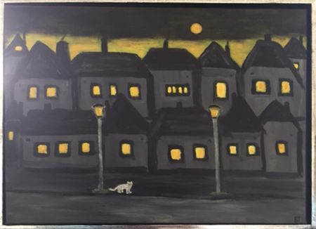 Akryl maleri Ensom kat i den mørke gade af Bettina Thomsen malet i 2020