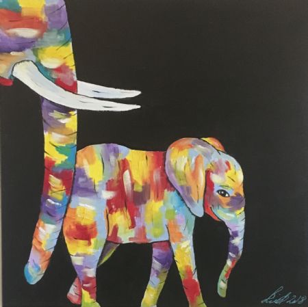 Blandede medier maleri Multifarvet elefantunge foran forælder af Christina Lind malet i 2019