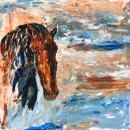 Akryl maleri Horse and man af Mette Matz malet i 2021