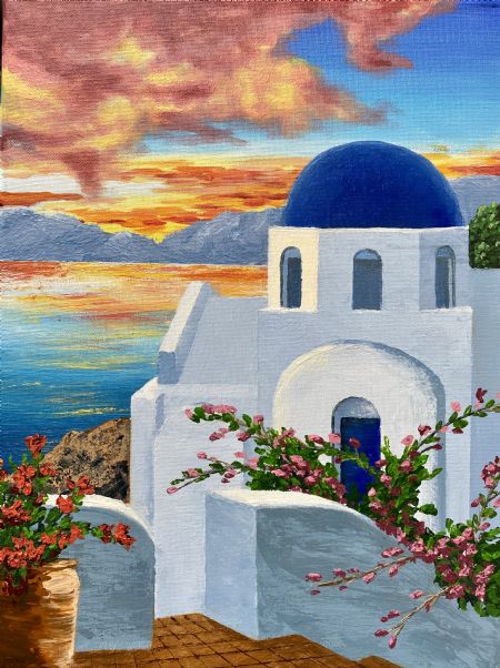 Akryl maleri Santorini sunset af Steen Hedegård malet i 2021
