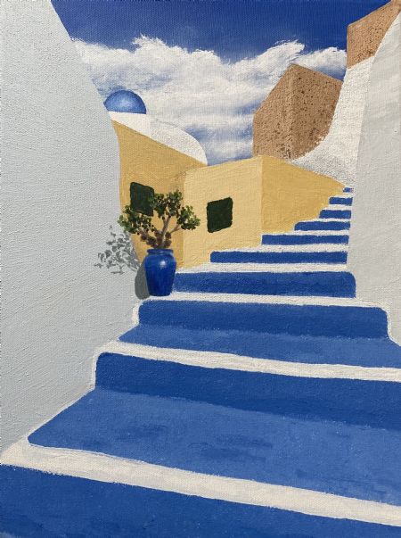 Akryl maleri Græsk trappe og krukke af Steen Hedegård malet i 2021