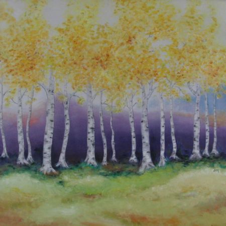 Olie maleri Birketræer og lilla natur af Jette Hildebrandt Mogensen malet i 2014