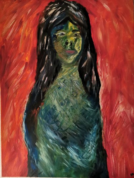 Akryl maleri Pige med langt hår af Birgitte Bøge malet i 2014