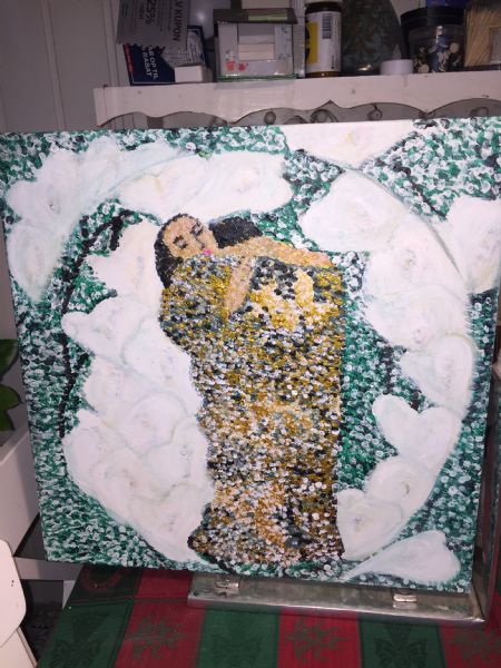 Akryl maleri Inspireret af gustav Klimt o Rodtirgo Rievera prikmetode af kirstenbente pedersen malet i 2020
