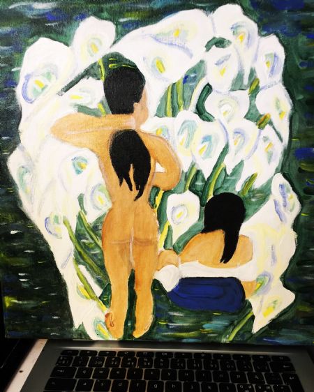 Akryl maleri Badende kvinder af kirstenbente pedersen malet i 2020