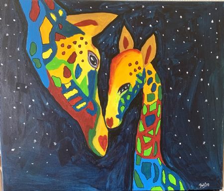 Akryl maleri Giraf mor og barn af Lene Belling malet i 2021