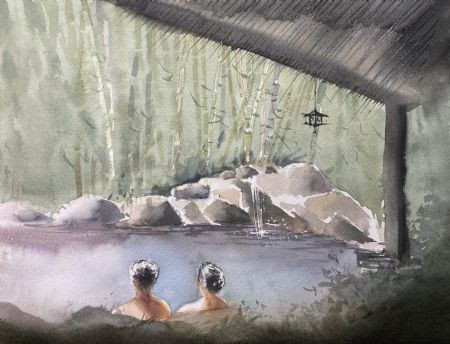Akvarel maleri [KAN FØRST FÅS FRA 28.02] Onsen Japan af Eugenia Melamud malet i 2021