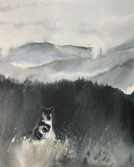 Akvarel maleri Hunden af Eugenia Melamud malet i 2021