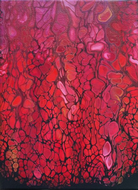 Akryl maleri Små røde bobler af Lene Unmack Larsen malet i 2021