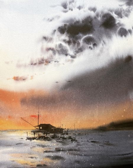Akvarel maleri Solnedgang af Eugenia Melamud malet i 2021
