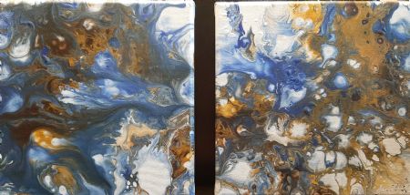 Akryl maleri Sæt med 2 malerier i blå, hvid og bronze af Marianne Bidstrup malet i 2020