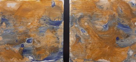 Akryl maleri Abstrakt gylden og blå af Marianne Bidstrup malet i 2020