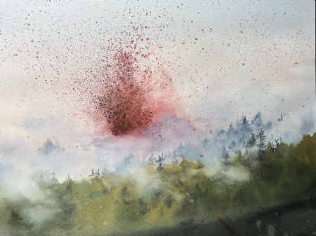 Akvarel maleri Vulkan af Eugenia Melamud malet i 2021