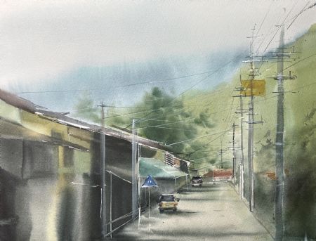 Akvarel maleri Japan. Lille by af Eugenia Melamud malet i 2021