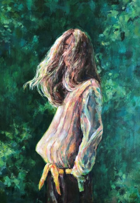 Akryl maleri vind i håret af Matilde Eriksen malet i 2021