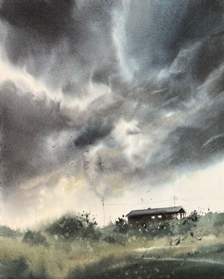 Akvarel maleri Huset i tordenvejr af Eugenia Melamud malet i 2021