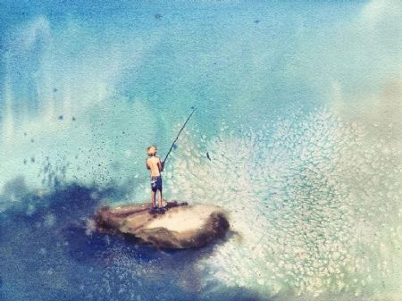 Akvarel maleri Den lille fisker af Eugenia Melamud malet i 2021