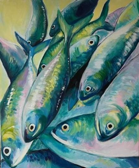 Akryl maleri Makreller af Marie Louise Bendix malet i 2021