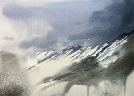 Akvarel maleri Bjerge af Eugenia Melamud malet i 2021