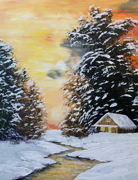 Akryl maleri Sne og gul himmel af Steen Hedegård malet i 2021