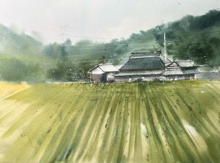 Akvarel maleri Japan grønt af Eugenia Melamud malet i 2021