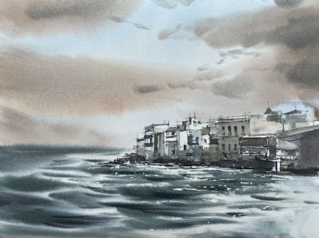 Akvarel maleri Mykonos. Grækenland af Eugenia Melamud malet i 2021