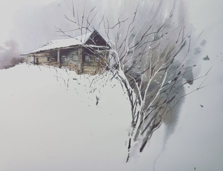 Akvarel maleri Vinter af Eugenia Melamud malet i 2021