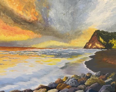 Akryl maleri Strandsten i solnedgang af Steen Hedegård malet i 2021