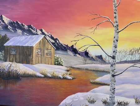 Akryl maleri Bjerghytte i rød solnedgang af Steen Hedegård malet i 2021