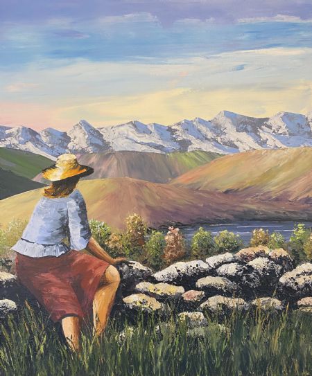 Akryl maleri Kvinde kigger på bjergene af Steen Hedegård malet i 2021